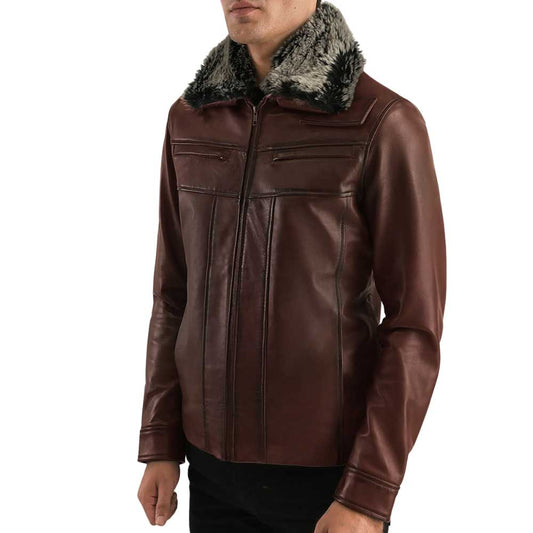 Men's Brown Leather Biker Jacket with Fur