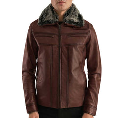 Men's Brown Leather Biker Jacket with Fur