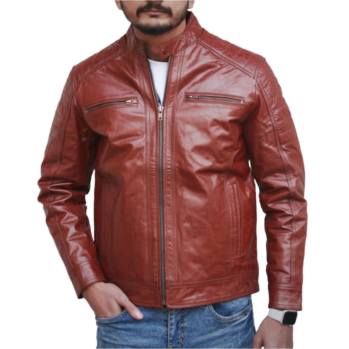 Reddish Brown Men's Western Leather Biker Jacket