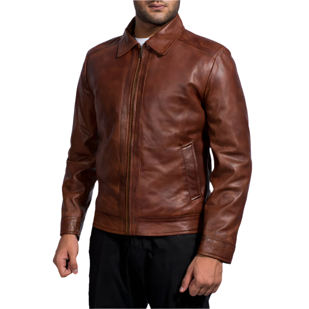 Brown Collar Leather Biker Dignity Jacket Men's