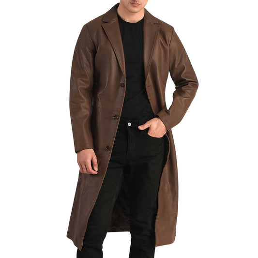 Brown Single Breasted Leather Trench Coat for Men