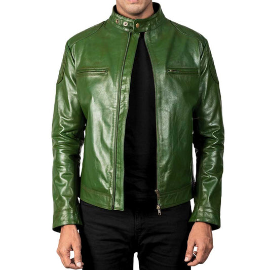 Green Distressed Leather Dignity Biker Jacket for Men