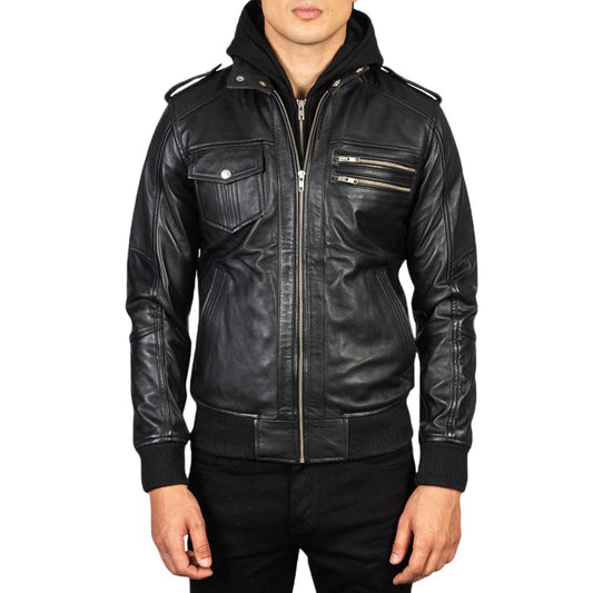 Dignity Black Leather Bomber Hooded Jacket for Men