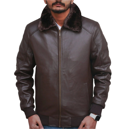 Brown Dignity Leather Jacket with Fur Collar Men's