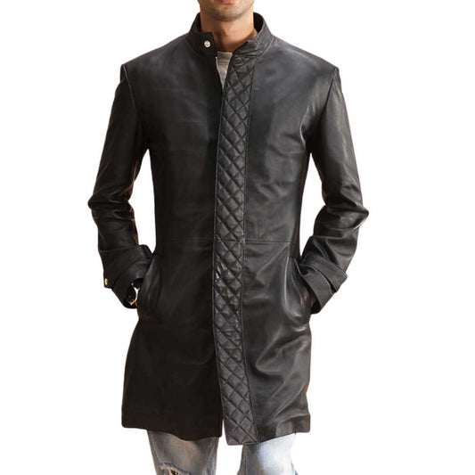 Black Quilted Leather Coat for Men