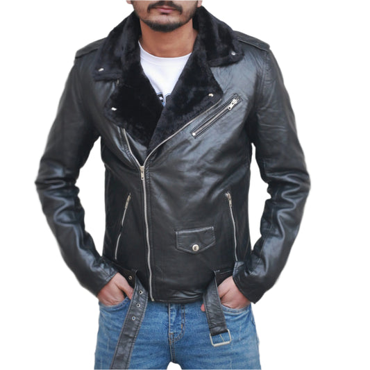 Dignity Leather Black Shearling Biker Jacket for Men